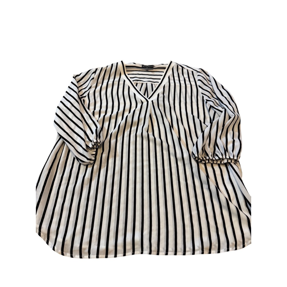 Adrianna Papell Womens 3X Black White Striped V-Neck Balloon Sleeve Blouse